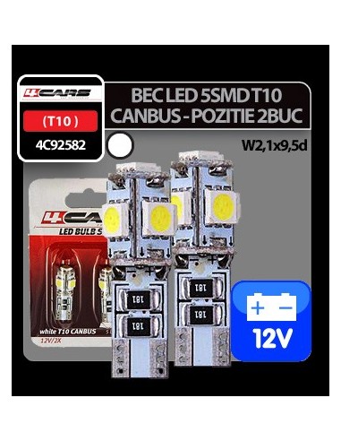 |AutoNeo.roBec Led - 5SMD 12V pozitie T10 W2,1x9,5d Canbus 2buc 4Cars - Alb