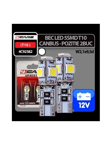 |AutoNeo.roBec Led - 5SMD 12V pozitie T10 W2,1x9,5d Canbus 2buc 4Cars - Alb