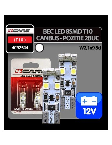 |AutoNeo.roBec Led - 8SMD 12V pozitie T10 W2,1x9,5d Canbus 2buc 4Cars - Alb