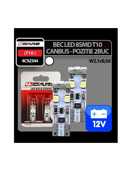 |AutoNeo.roBec Led - 8SMD 12V pozitie T10 W2,1x9,5d Canbus 2buc 4Cars - Alb
