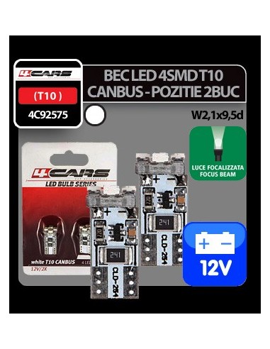 |AutoNeo.roBec Led - 4SMD 12V pozitie T10 W2,1x9,5d Canbus 2buc 4Cars - Alb focalizat