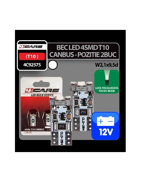 |AutoNeo.roBec Led - 4SMD 12V pozitie T10 W2,1x9,5d Canbus 2buc 4Cars - Alb focalizat