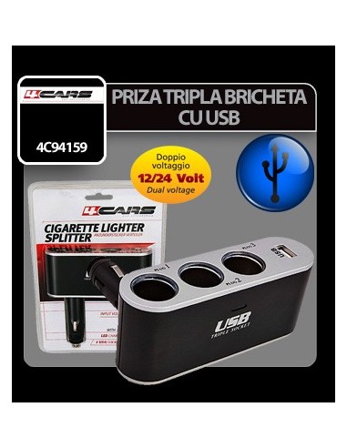 |AutoNeo.roPriza tripla bricheta cu USB 12/24V 4Cars
