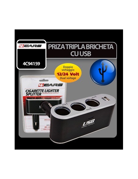 |AutoNeo.roPriza tripla bricheta cu USB 12/24V 4Cars