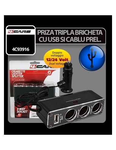 |AutoNeo.roPriza tripla bricheta cu USB si cablu prelungitor 12/24V 4Cars