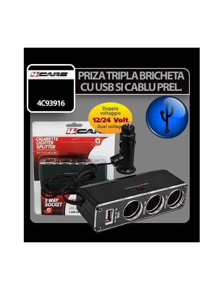|AutoNeo.roPriza tripla bricheta cu USB si cablu prelungitor 12/24V 4Cars