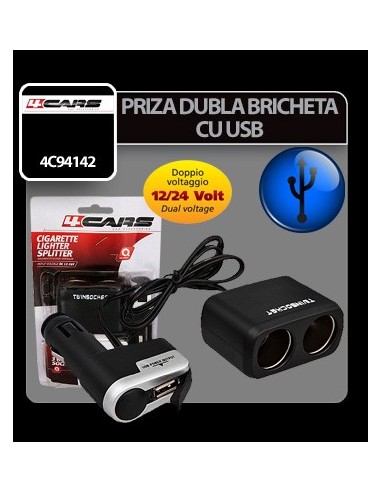 |AutoNeo.roPriza dubla bricheta cu USB 12/24V 4Cars