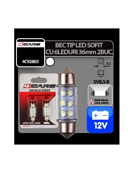 |AutoNeo.roBec tip LED 12V sofit cu 6 leduri 10x36mm SV8,5-8 2buc - Alb