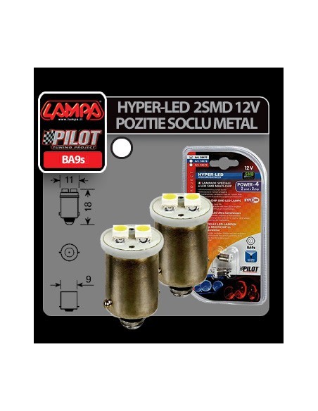 |AutoNeo.roBec Hyper-Led4 - 2SMD 12V pozitie soclu metal BA9s 2buc - Alb