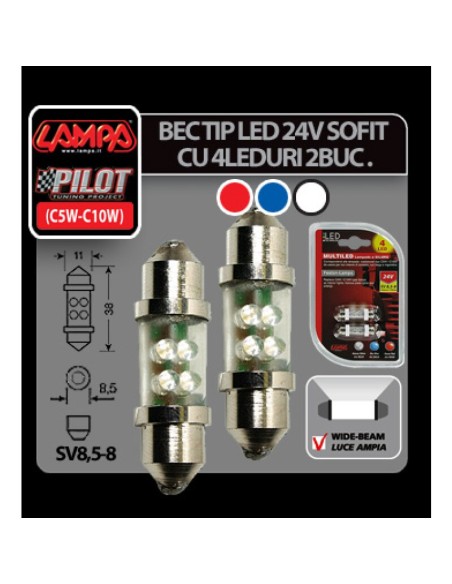 |AutoNeo.roBec tip LED 24V sofit cu 4 leduri 11x38mm SV85-8 2buc - Alb