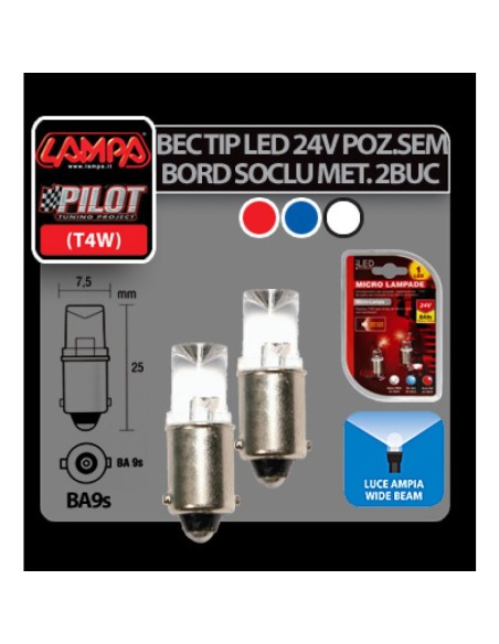 |AutoNeo.roBec tip LED 24V poz semn bord soclu metal T4W BA9s 2buc - Rosu
